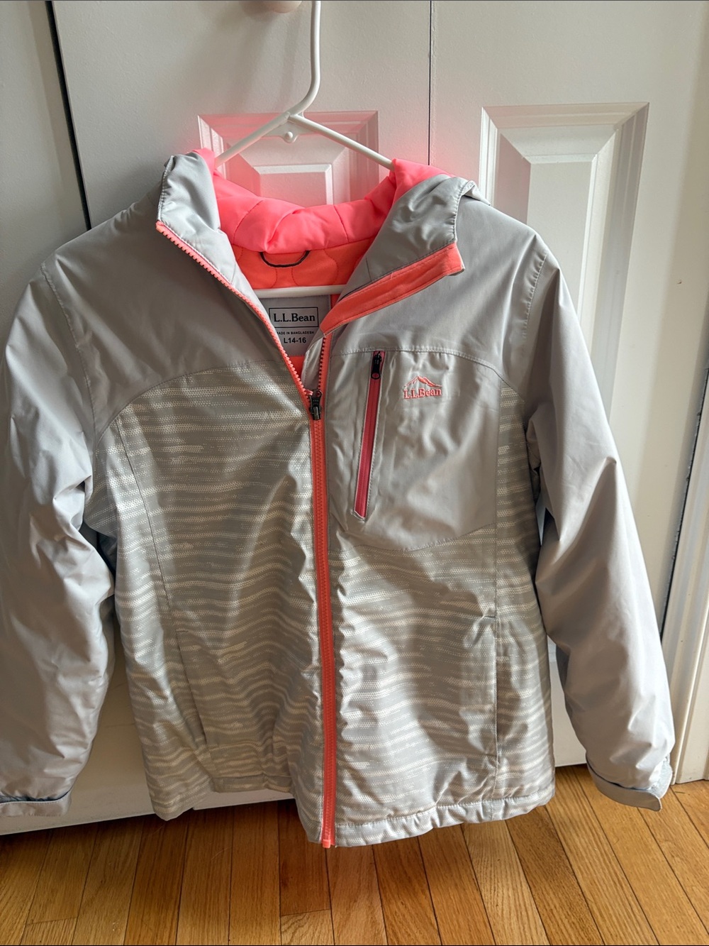 L.L. Bean Kids' Light Gray Raincoat with Bright Pink Trim